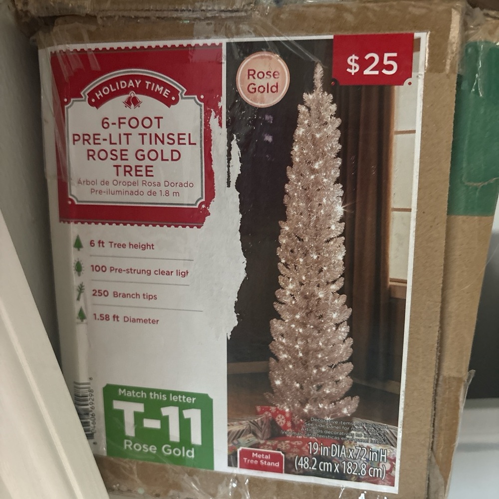 Holiday Time Rose Gold Pre-Lit Tinsel Tree